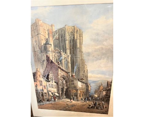 A large Antique coloured print of a European Cathedral. Frame in poor condition. 