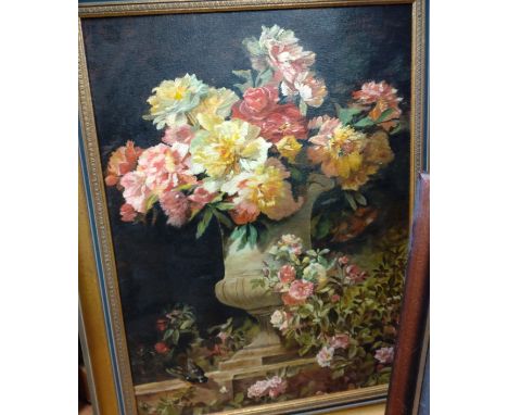 Attractive print on canvas board, summer flowers in an urn on stone ledge and a small bird 