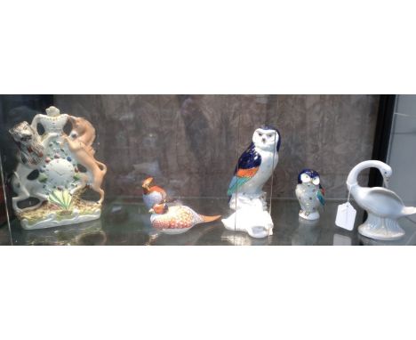 A Staffordshire Lion and the Unicorn flat-back group (top of crown with glue repair) 24cm, and six ceramic birds including Na