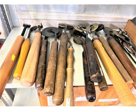 Book Binding Finishing tools. Including 15 Decorative rolls. A few lacking wooden handles. 
