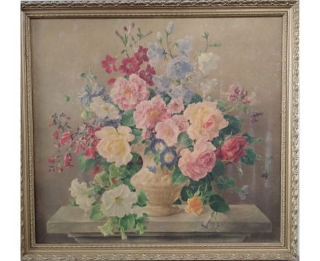 Harold Clayton, print on canvas, vase of flowers 60cm x 55cm, framed.