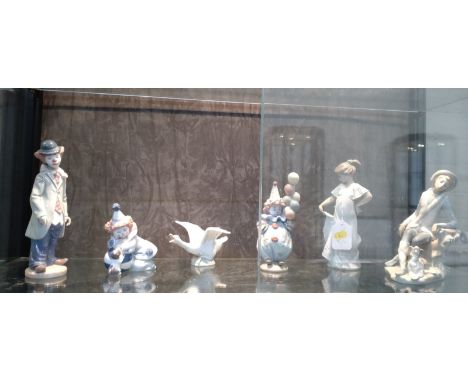 Lladro goose, three clowns, boy with hound and Nao girl (6) 
