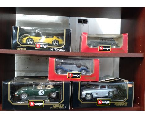 Burago 1/18 scale Dodge Viper, Jaguar E-Type 1961, Mercedes-Benz 300SL; 1/24 Citroen 15 CV and Mercedes-Benz SSK in window bo