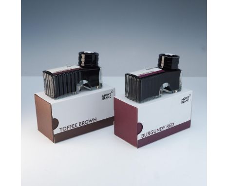 This lot includes two 50 ml Montblanc ink bottles in the signature shoe shaped falcons, featuring the rich tones of Burgundy 