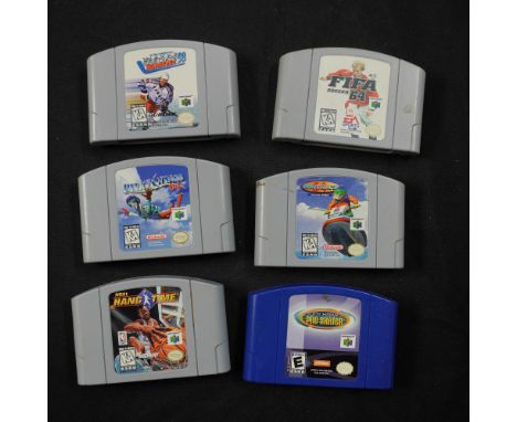 6pc Nintendo 64 game cartridges featuring a selection of popular sports and action titles. The lot includes Wayne Gretzky's 3