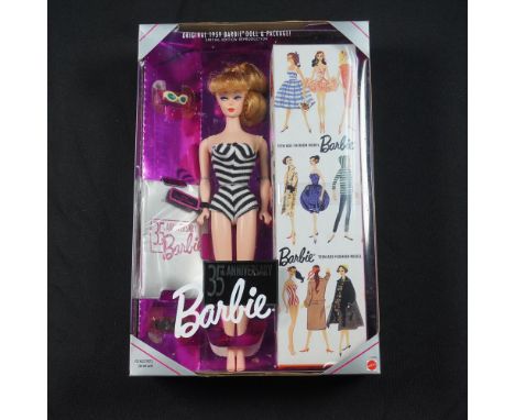 Celebrate a piece of fashion doll history with this 35th Anniversary Barbie Doll, a faithful reproduction of the original 195