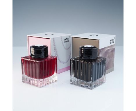 This lot includes two 50 ml Montblanc Ladies Edition ink bottles in elegant square glass flacons with ridged sides and black 