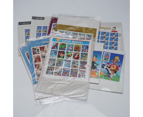 Collection of ten United States Postal Service commemorative stamp sheets featuring popular themes and beloved characters. Th