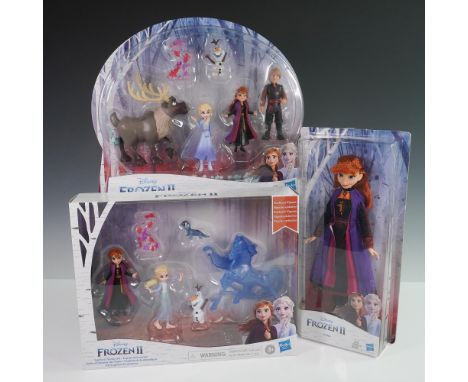 Three-piece Disney Frozen II figure set including the Frozen Adventure Collection with Elsa, Anna, Kristoff, Olaf, and Sven; 