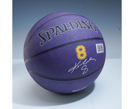 Commemorative Spalding basketball honoring Kobe Bryant, featuring a vibrant purple finish with black channeling, yellow No. 8