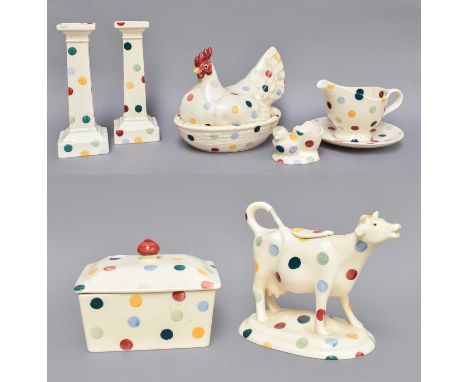 Emma Bridgewater, coloured spot design items to include; pair of candlesticks, hen egg basket, cow creamer, jug and stand, bu