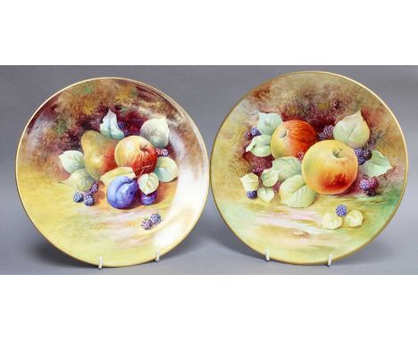 A Pair of Royal Worcester Style Cabinet Plates, by Keith Hancock, painted with apples, plums and blackberries, signed (2)