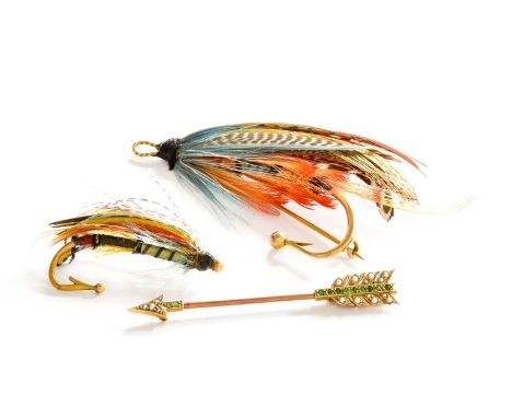 A 9 Carat Gold Fly Fishing Hook Brooch, length 5.9cm; A Gilt Fly Fishing Hook Brooch, length 3.5cm; and A Demantoid Garnet an