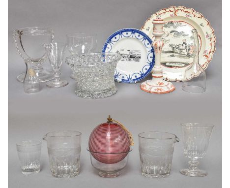 An 18th-century Dutch-decorated Creamware Plate,  glazed candlestick, Victorian advertising dish, and a collection of Georgia