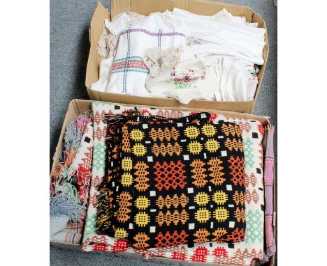 Textiles: a group of five vintage woollen Welsh tapestry Caernarfon and other design blankets together with various crocheted