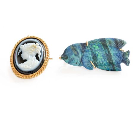 A 9 Carat Gold Opal Triplet Fish Brooch, measures 4.2cm by 2cm; and A 9 Carat Gold Onyx Cameo Brooch/Pendant, measures 2.3cm 