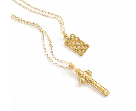 A 9 Carat Gold Celtic Cross Pendant on Chain, pendant length 4.3cm, chain length 46.5cm; and A 9 Carat Gold Pendant on Chain,