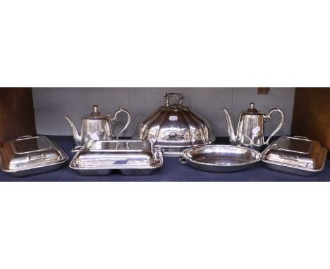 A Circa 1820 Silver Plated Meat Cover, three plated entre dishes, coffee pot, and teapot