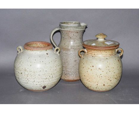Three Pieces of David Lloyd Jones Studio Pottery, all with impressed monograms, the largest 25cmThe twin-handled jar is in go
