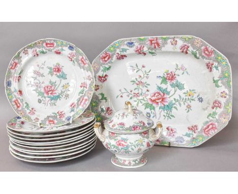 A Spode New Stone Dinner Service, printed and painted with chinoiserie foliage, printed and impressed marks, comprising: one 