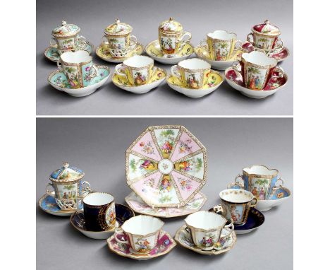 A Group of Dresden Floral Painted Porcelain, by Helena Wolfsohn, including chocolate cup covers and stands, tea cups and sauc