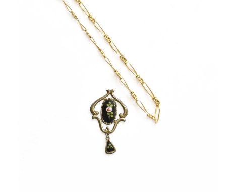 A 9 Carat Gold Figaro Link Chain, length 46cm; and An Enamel Pendant, by Charles Horner (a.f.)Chain - 6.3 grams.