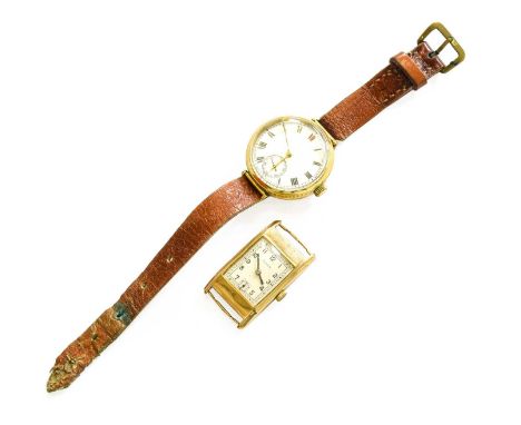 An 18 Carat Gold Enamel Dial Wristwatch and a 9 Carat Gold Curved Rectangular Wristwatch, signed Buren, (2)