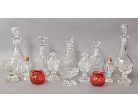 Various Early 19th Century and Later Glass, cut and pressed, to include: a pair of cut glass pepperettes with step cut bases,