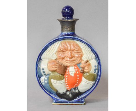 A Doulton Lambeth Salt Glazed Stoneware Flask, moulded in relief with a portrait of classic Toby jug, with silver collar, Bir