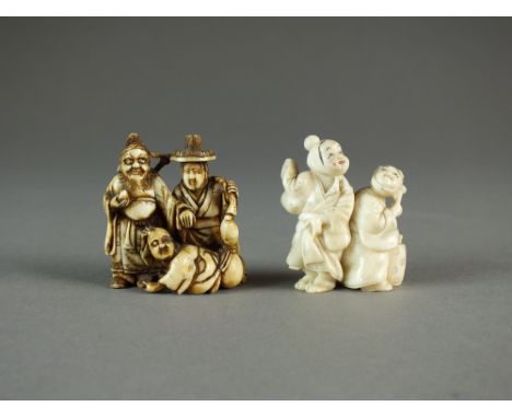 Two Japanese ivory netsuke, Meiji period, the first modelled as three immortals, signed Yoshiyuki, 4cm, the second modelled a