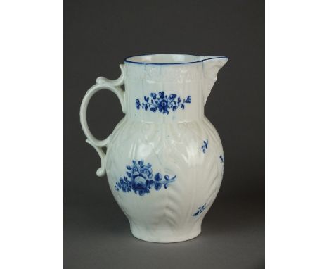 A Caughley mask-head jug, dated 1790 and initialled, painted with Salopian Rose Sprays, S mark, 19cm high (cracked, partly fr