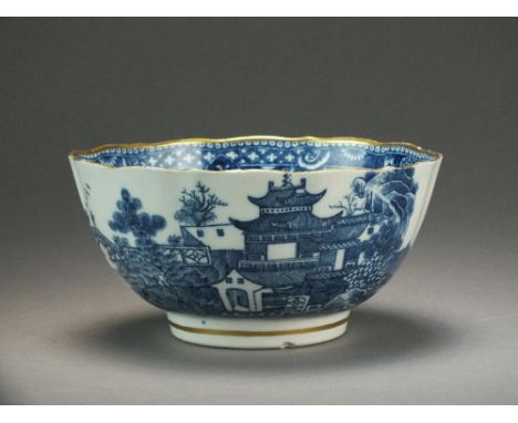 A Caughley slop bowl transfer-printed with the Uninhabited Pagoda pattern with additional gilding, circa 1785-93, unmarked, 1