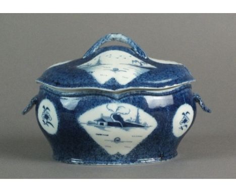 A Caughley dessert tureen and cover with a matching ladle painted with the Rock and House and Two Islands patterns, the fan p