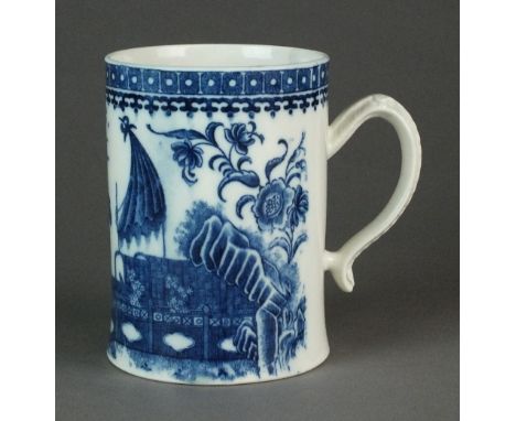 A Caughley mug transfer-printed in the Pleasure Boat pattern, circa 1784-91, the mug with a rare Chinese-shaped handle,  S ma