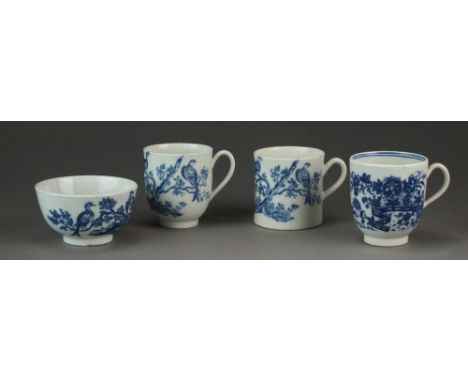 A Caughley coffee can, tea bowl and coffee cup transfer-printed in underglaze blue with the Birds in Branches pattern, circa 