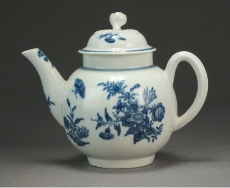 A Caughley teapot and cover transfer-printed with the early version of the Three Flowers and Butterfly pattern, circa 1776-80