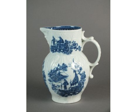 A Caughley mask head jug transfer-printed with the Fisherman or Pleasure Boat pattern, circa 1782-92, unmarked, 19.2cm high (