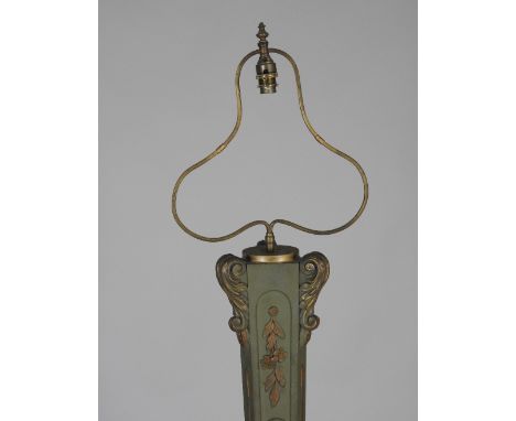 A 20th century Empire style painted and gilt highlighted lamp standard of tapering form on tripod base (unfitted for electric