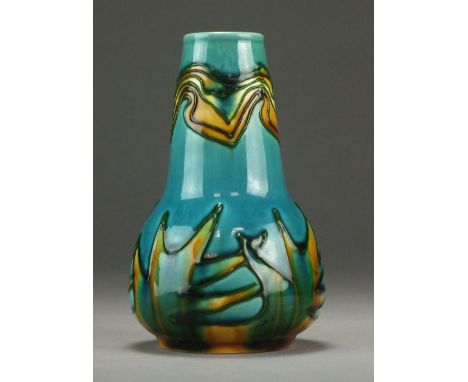 A Minton secessionist vase designed by Léon Solon and John Wadsworth, circa 1900, tubelined in light brown and turquoise, pri