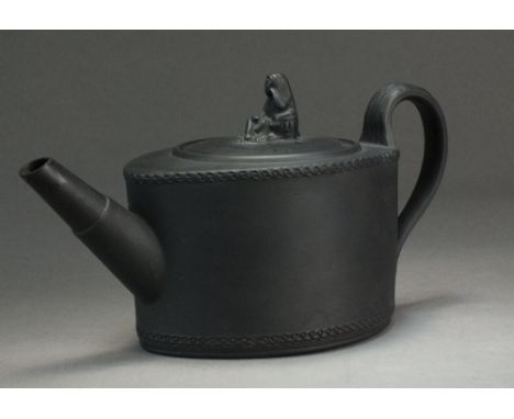 A rare black basalt teapot and cover, circa 1780-90, impressed Salopian mark, 10.1cm high (repairs to cover and teapot)Proven