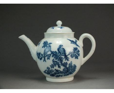 A Caughley teapot and cover transfer-printed with the Birds in Branches pattern, Sx mark, 14.4cm high (manufacturing eruption