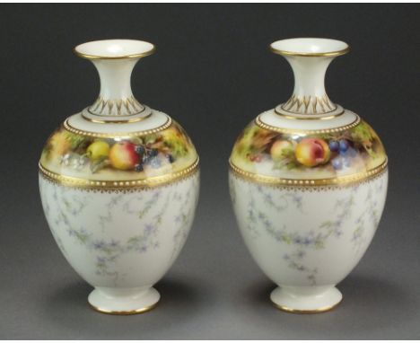 A pair of Royal Worcester vases painted with a banding of fruit by F. Roberts, shape H302, signed, printed marks, 17cm high (