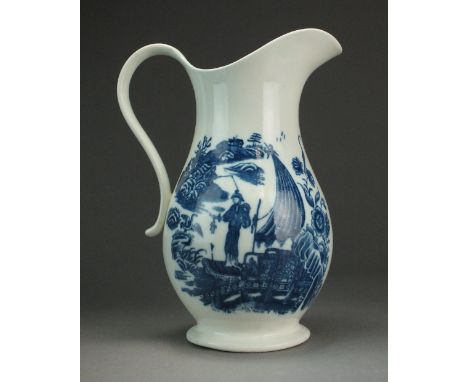 A Caughley ewer transfer-printed in underglaze blue with the Pleasure Boat pattern, circa 1780-89, S mark, 23cm highProvenanc