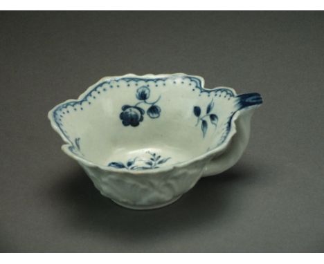 A rare Caughley leaf dish butter boat painted in the Gooseberry pattern, circa 1776-80, with both disputed C and S mark, 8.9c