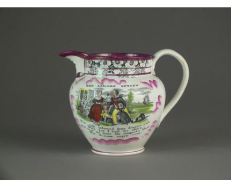 A Sunderland 'Sailor's Return' pink lustre earthenware jug, circa 1854-56, the enamelled print flanked by a maritime verse, u