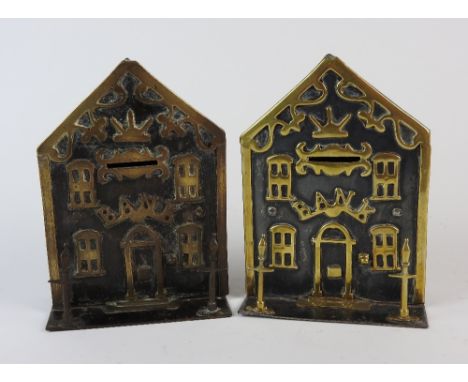 Two similar 19th century brass and steel money 'Bank boxes', each titled 'Bank' and with twin lamp post to the fore, 18cm hig