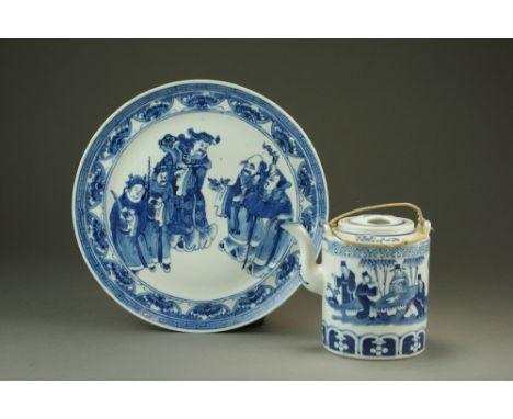 A Chinese blue and white dish, early 19th Century, of circular shape and decorated with Shou Lao and other immortals within a