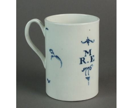 A rare Caughley dated mug painted with Fruit Sprays and the wedding inscription M. above R.E alongside the date 1776, S mark,