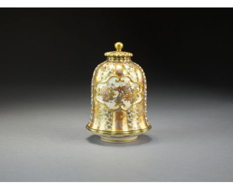 A Japanese Satsuma tea caddy and cover by Senzan, Meiji period, of lobed bell form with floret cover, decorated with shaped r