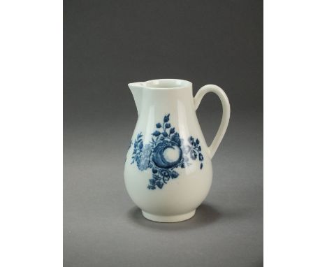 A Caughley tea bowl and sparrow beak jug transfer-printed in the Apple and Damson patterns, circa 1778-85, unmarked, tea bowl